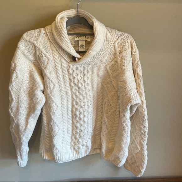 ORVIS Cable Knit Fisherman Ivory Women’s Wool Chunky Sweater Ireland M - Picture 1 of 6